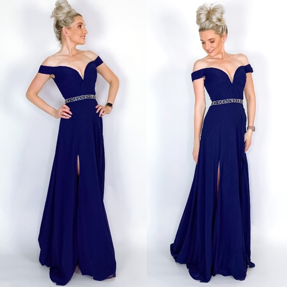 Blue Off Shoulder Prom Dress - Picture 5 of 8